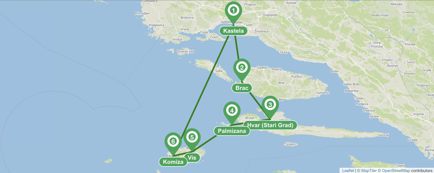 Itinerario di navigazione verso sud a Spalato - 7 giorni